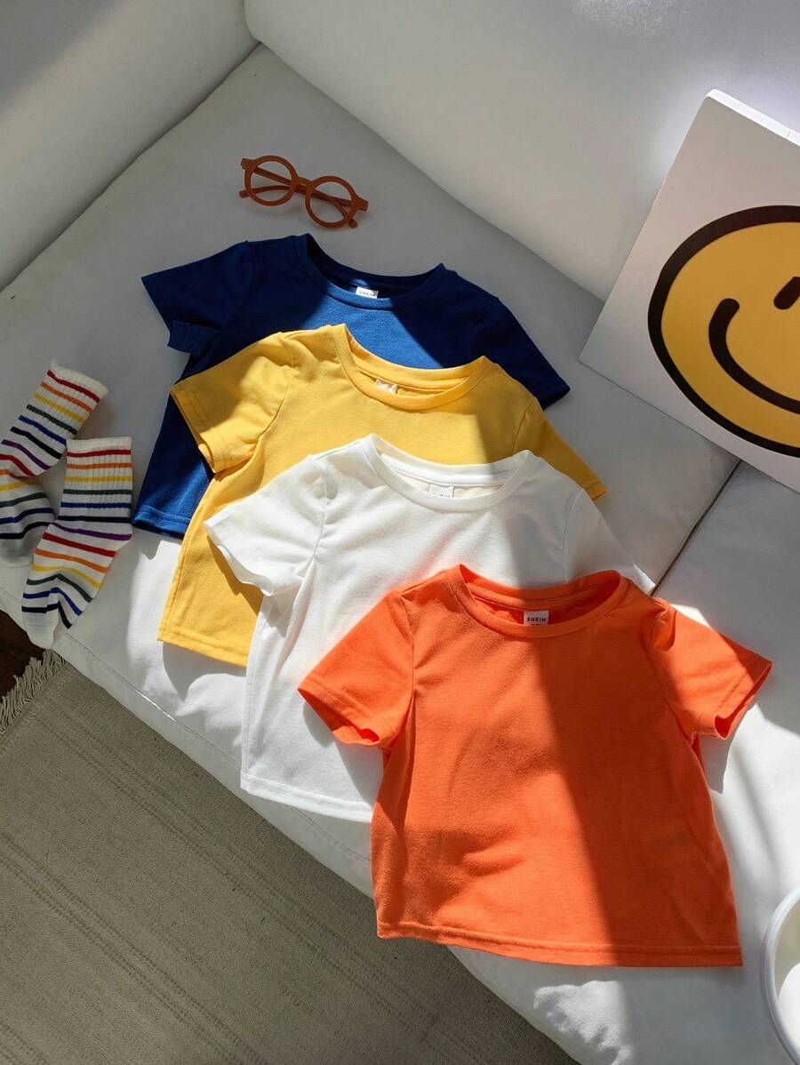 SHEIN 4pcs Baby Solid Knit Soft Round Neck Short Sleeve Pullover Tops Set, For Boys And Girls - Multicolor - View 1