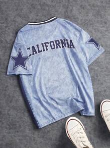 Tween Girl Denim Effect Print Patchwork V-Neck Loose T-Shirt - Multicolor - View 2