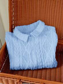 SHEIN Leap Crew 1 件年轻男孩宽松休闲提花翻领短袖衬衫 - 淺藍色 - 查看 7