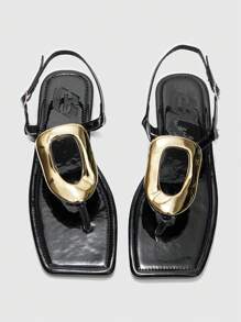 CUCCOO BIZCHIC Women's Red Fashion Metal Buckle Flat Sandals - Black - View 3