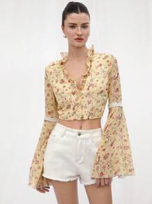 Femmeiva Women's Yellow Ditsy Floral V-Neck Frill Blouse,Autumn Boho Holiday Tea Party Long Flared Sleeve Lace Embellished Waist-Cinched French Vintage Top - Yellow - View 4