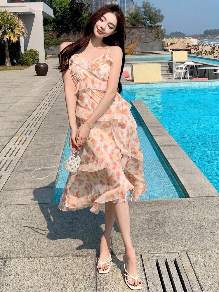Women's Floral Print Ruffle Trim Midi Cami Dress Summer Cruise Women Outfits Sundress Boho