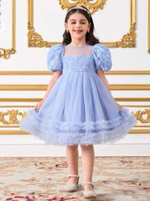 SHEIN Vestido casual de niña con tejido de unicolor y malla - Azul - Ver 4