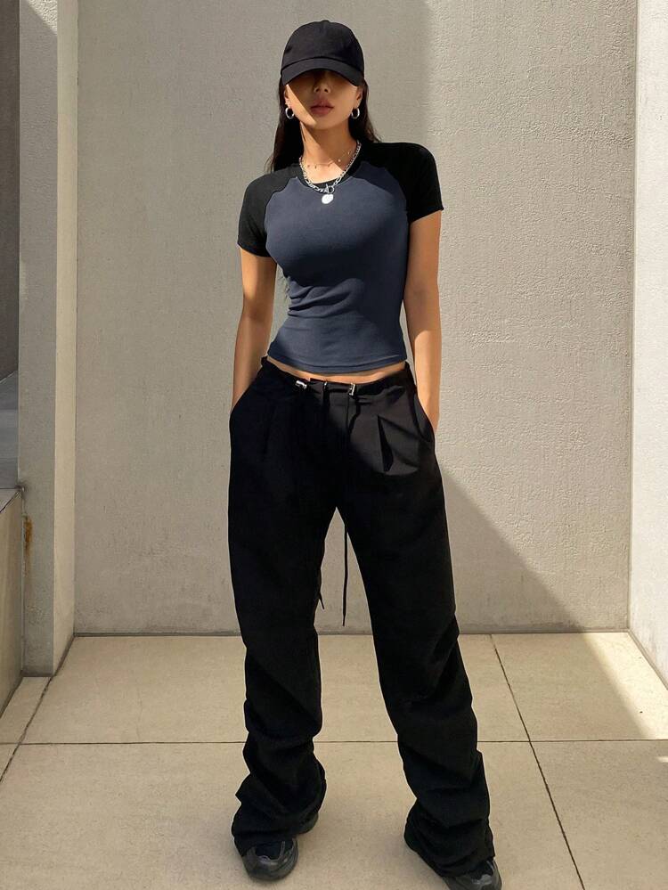 Slim Fit Color Block Splice Sports Short Sleeve T-Shirt For Women,Crop Tops Women