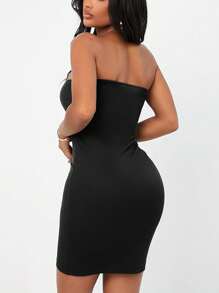 INAWLY Đầm bodycon không dây màu trơn cho nữ, giản dị và đơn giản để mặc hàng ngày - màu đen - Xem 3