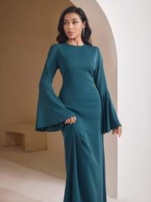 Veilorie Women's Solid Color Round Neck Flared Bell Sleeve Ruffle Hem Dress, Elegant - Dark Green - View 5