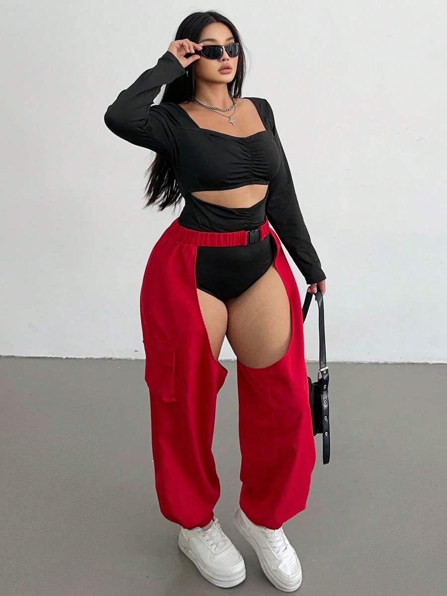 Flirla Sexy Solid Color Drawstring Ankle Pants, Minimalist Fashion Casual Everyday Wear - Red - View 1