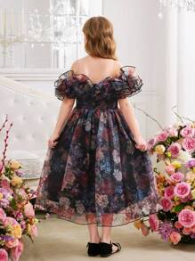 SHEIN Tween Girl Elegant Multi-Layered Ruffle Floral Print Mid-Length Dress Holiday Outfits - Black - View 2