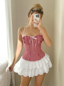 Sweetina Women's Y2k Spring Summer Outfits For Women Camisole Contrast Red Plaid Mini Dress With Ruffle Hem - Multicolor - View 5