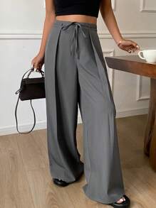 DAZY Women Plain Pleated Wide Leg Pants With Belt, Casual Commute Summer Trousers Business Attire - Grey - View 4