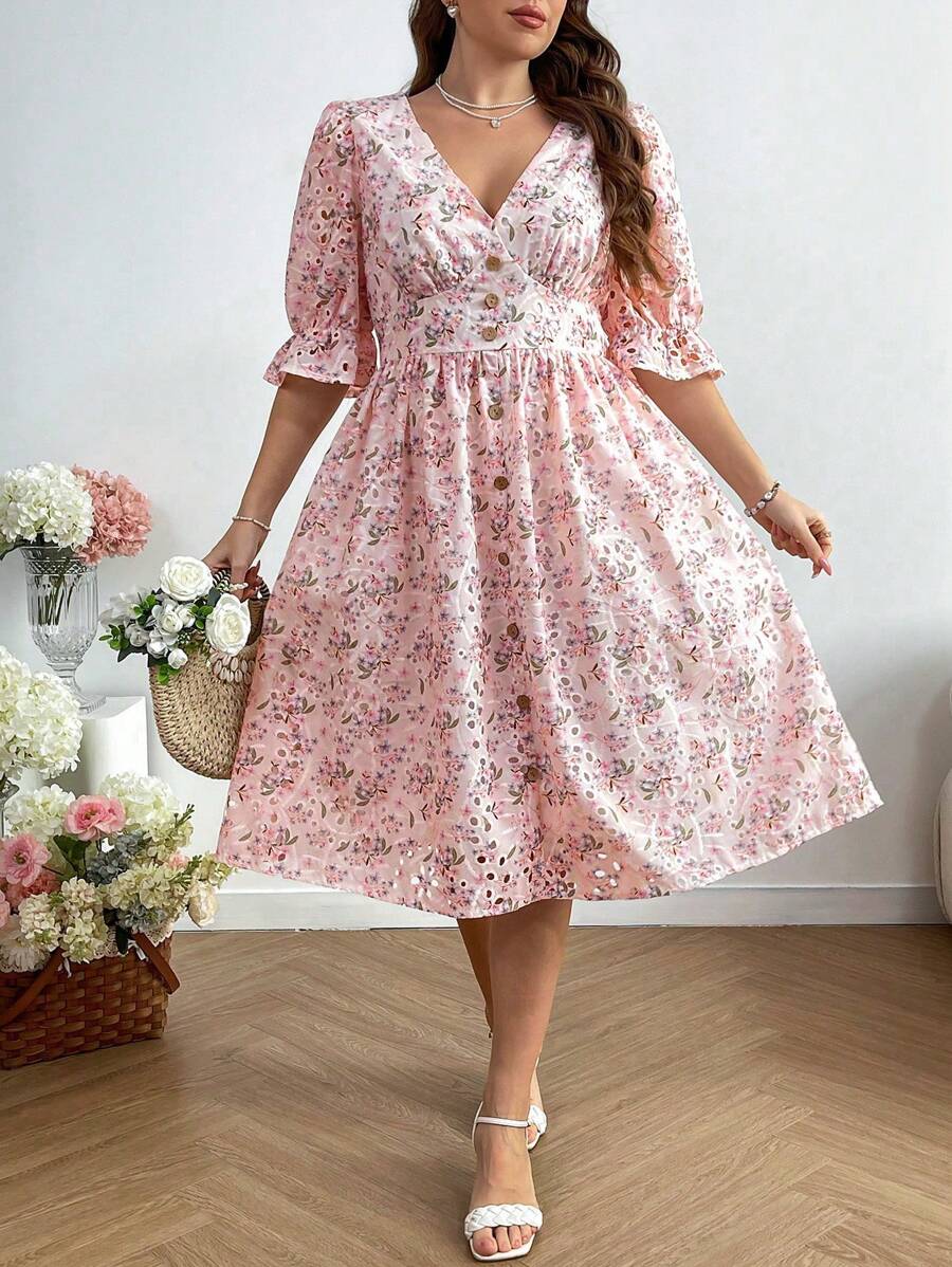 Flirla Vestido de línea A con botones, escote en V, manga corta, estampado bordado para mujer de talla grande, ideal para boda, vacaciones, dama de honor - Multicolor - Ver 1
