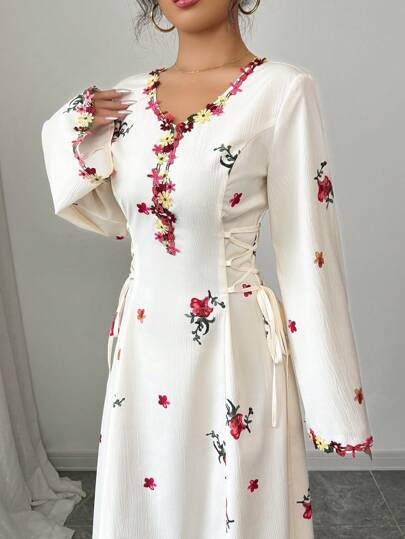 Yasmyna Kadın Dokuma Çiçek Desenli Volan Bağcıklı Bel A Kesim Arap Tarzı Elbise, Mütevazı