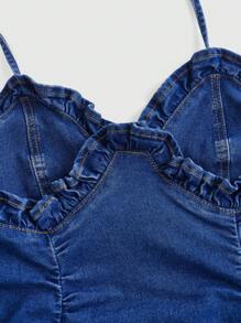 SHEIN MOD Women's Frill Trim Ruched Back Tie Neck Bodycon Denim Dress - Blue - View 3