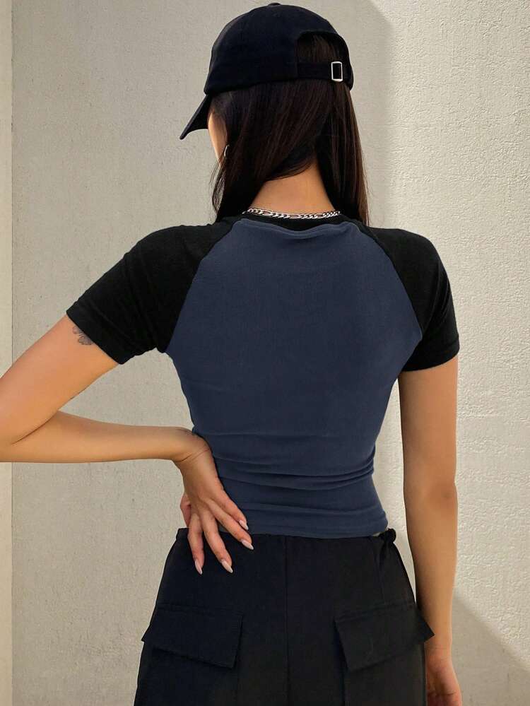Slim Fit Color Block Splice Sports Short Sleeve T-Shirt For Women,Crop Tops Women