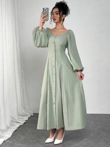 Modelyn 女士优雅法式灯笼袖收腰连衣裙 - 綠色 - 查看 5