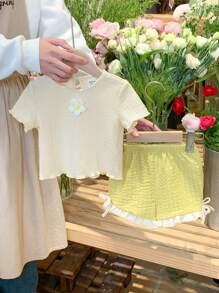 LMoss Kids LMoss   2pcs Baby Girl Solid Color Knitted Round Neck T-Shirt And Knitted Form-Fitting Shorts Set,Sisters Outfit,Suitable For Spring And Summer - Multicolor - View 9