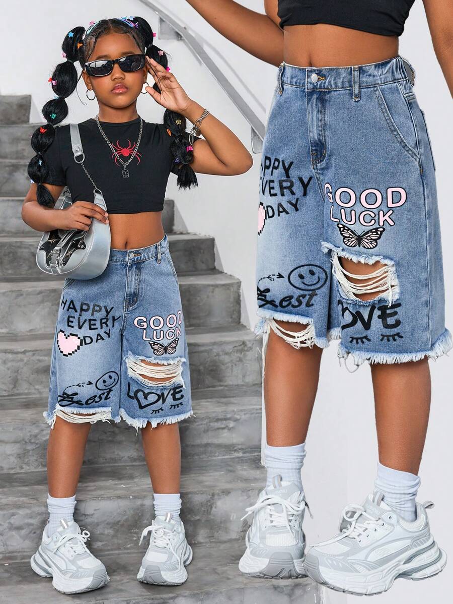 SHEIN Tween Girls Stylish Vintage Washed Smiling Face & Heart Graffiti Pattern Ripped Frayed Loose Fit Baggy Blue Denim Long Shorts ,For Girls Streetwear Outfits And Spring/Summer Clothes