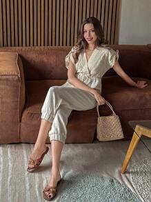 Chiquease Women's Fashion Casual Loose Drawstring Waist Jumpsuit, Suitable For Spring Autumn And All Seasons - Khaki - View 4