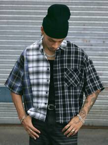 AXEPEAK Men's Casual Color Block Patchwork Plaid Shirt, Streetwear Ready - Multicolor - View 1