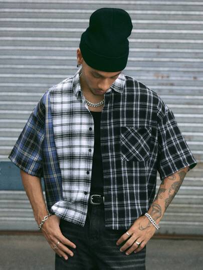 AXEPEAK 男士休闲拼色格子衬衫，街头潮流风格