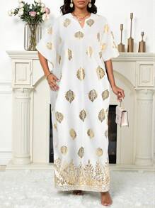 SHEIN Lady Vestido suelto con estampado metálico para mujeres, vestido elegante y romántico para resort - Blanco - Ver 6