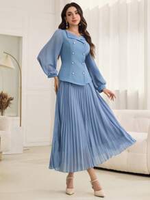 Modelyn 2pcs Women's Lantern Sleeve Double-Breasted Top And Pleated Skirt Set