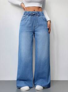 SHEIN Tall Women's Jeans Casual High Waist Wide Leg Trousers Blue Women's Jeans Women's Summer Clothing Elastic Waistband Jeans Jeans Casual Loose Straight Pants Tall Pants Women  Tall Women - Light Wash - View 6