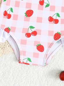 SHEIN Newborn One-Piece Swimsuit With Strawberry Plaid Print, Ruffle Trim & Bow Design, Cute