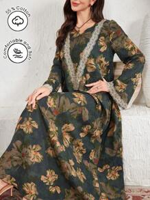 Al Najma 优雅花卉印花蕾丝花边喇叭袖阿拉伯连衣裙，阿拉伯连衣裙，端庄 - 綠色 - 查看 1