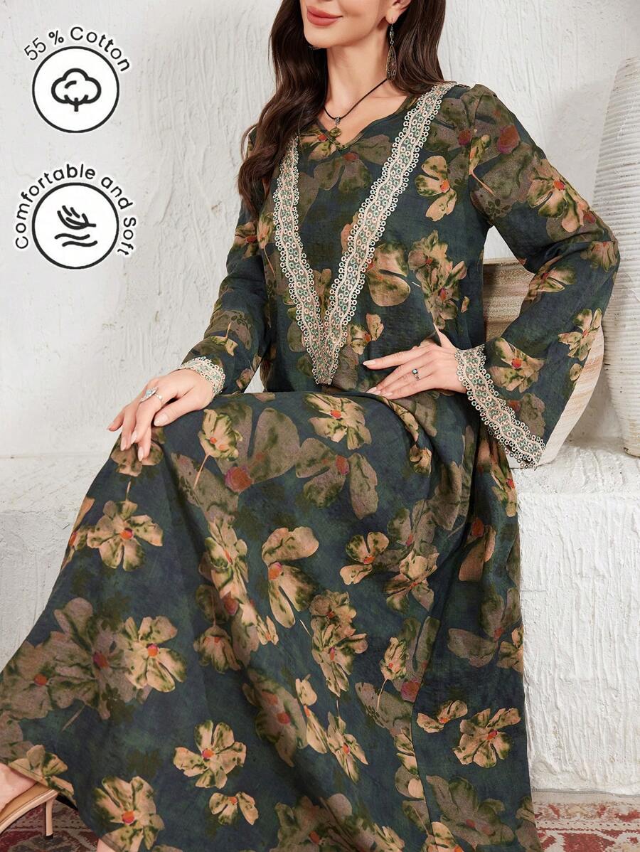 Al Najma 优雅花卉印花蕾丝花边喇叭袖阿拉伯连衣裙，阿拉伯连衣裙，端庄 - 綠色 - 查看 1