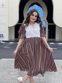 SHEIN Tween Mädchen Casual Vacation Gestreiftes & Blumen Patchwork Puffärmel Stufen Midikleid