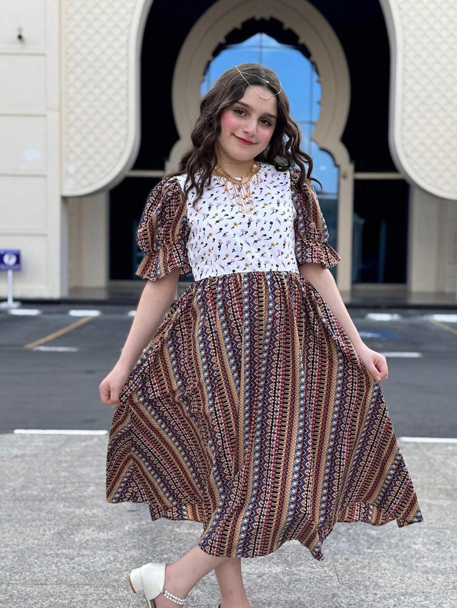 SHEIN Tween Mädchen Casual Vacation Gestreiftes & Blumen Patchwork Puffärmel Stufen Midikleid