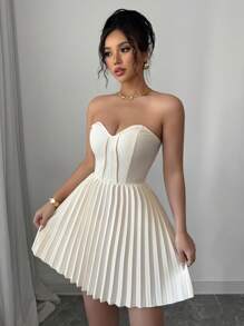 Elenzga Elegant Ruched Waist A-Line Dress, Romantic For Women - Apricot - View 3