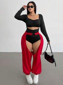 Flirla Sexy Solid Color Drawstring Ankle Pants, Minimalist Fashion Casual Everyday Wear - Red - View 6