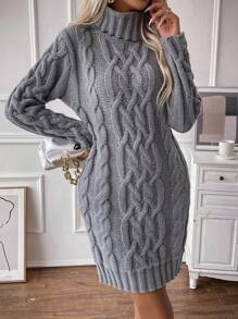 SHEIN Clasi 女士高领扭纹长袖针织毛衣裙，秋冬