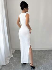 Elenzga Robe longue sans manches texturée et sexy avec fente latérale, printemps/été