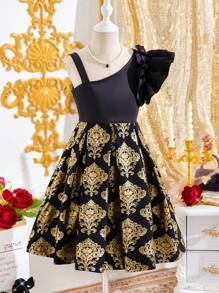 1pc Tween Girl Ruffled Strap Glittery Fancy Dress, Spring/Summer - Black - View 4