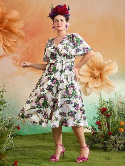 Frida Kahlo X SHEIN Plus Size Boho Vacation  Spring  Spring Break Outfits Summer Elegant Fashion Gorgeous White Floral  Portrait  Print Sundress Wrap Dress