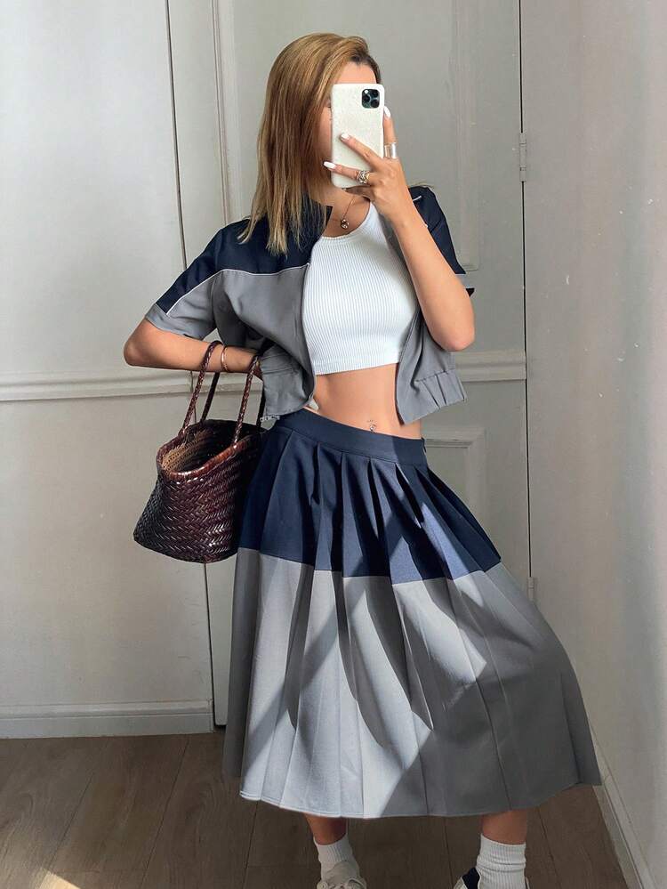 Women 2Pcs Casual Sports Outfit, Color Block Zip Up Short Sleeve Jacket & Pleated Skirt, Spring/Summer