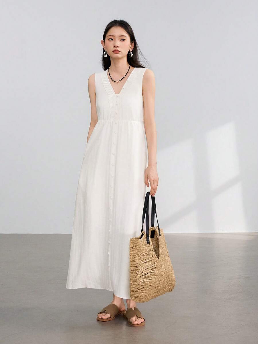 Dazy-Less Casual Business Waisted A-Line Button Decor V-Neck Solid Color Midi Dress For Women Old Money Style Sundress Linen - White - View 1