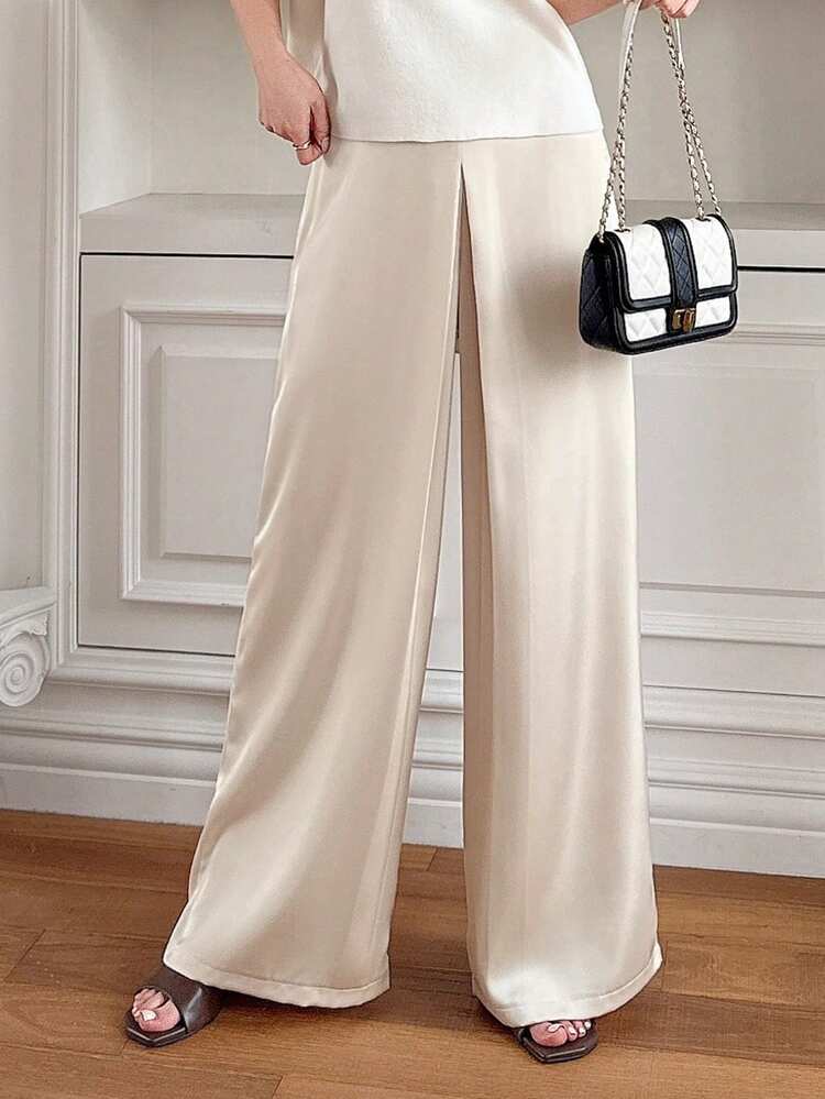 Women's Satin Pleated Straight Leg Pants, Minimalist Fashion Casual Everyday Wear Women Dress Pants