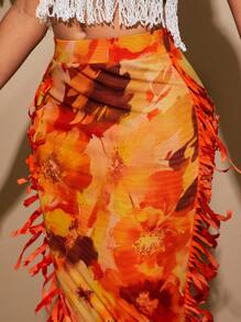 SHEIN SXY Falda informal de mujer con estampado floral de malla naranja, decorada con flecos, ideal para vacaciones de principios de primavera y playa