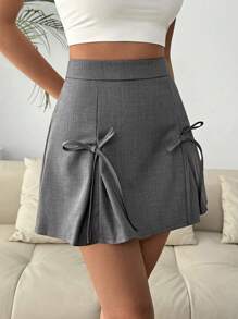 Chiquease 女士纯色高腰休闲短款蝴蝶结裙 - 灰色 - 查看 4