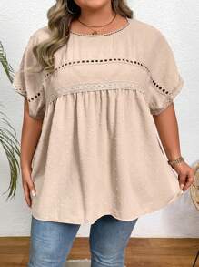 SHEIN CURVE+ Plus Size Swiss Dot Contrast Lace Dolman Sleeve Blouse - Apricot - View 4