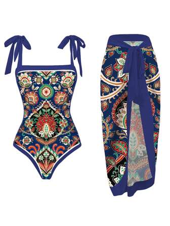 Swim Oasis Maillot de bain une pièce imprimé vintage de vacances avec jupe de plage assortie, été plage