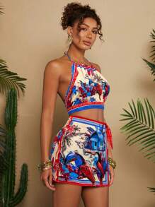 Travachic 2pcs/Set Vacation Parrot & Botanical Print Halter Crop Top And Mini Skirt Shorts - Red - View 5