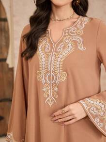 Al Najma Embroidered Long Sleeve Robe, Casual & Fashionable For Everyday Wear, Modest Kaftan - Brown - View 6