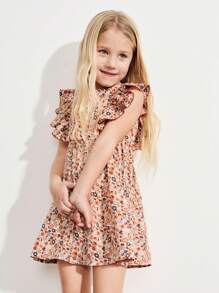 SHEIN Young Girls' Round Neck Rivet Ruffled Cap Sleeves A-Lined Woven Pink Dresses - Pink - View 4