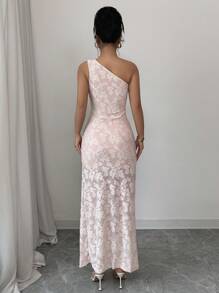 Elenzga Vestido elegante y romántico con hombro oblicuo con textura y volantes en el bajo - Rosa - Ver 2
