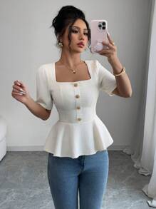 Elenzga Women's Swan Collar Button Design Short Sleeve Ruffled Hem Blouse - Apricot - View 7